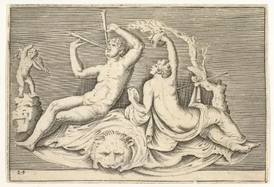 Man Playing Two Flutes and Woman on Lionskin, from "Ex Antiquis Cameorum et Gemmae Delineata/ Liber Secundus/et ab Enea Vico Parmen Incis"