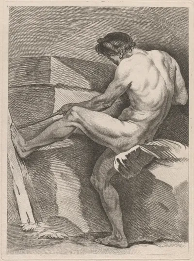 Man Pulling a Rope, His Foot Braced