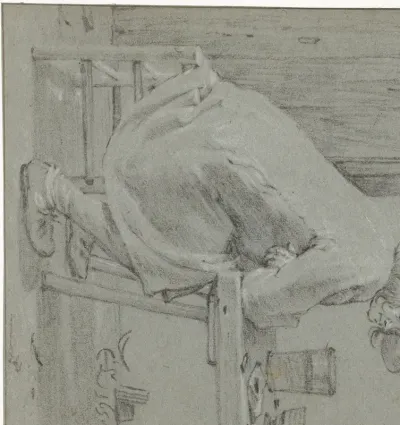 Man Seated at a Table with a Glass, with a Wooden Fence Behind