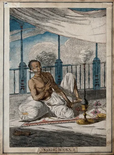 Man seated on balcony smoking cocoa nut hookah, Calcutta, West Bengal