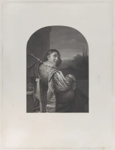 Man seated with a musical instrument, seen from behind