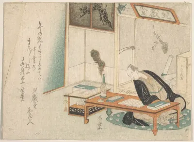 Man Seated With His Reading and Writing Materials before Him