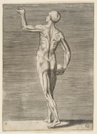 Man seen from behind, holding a skull in his right hand