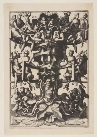 Man Sitting on an Auricular Mask, from Veelderleij niewe inventien van antijcksche sepultueren