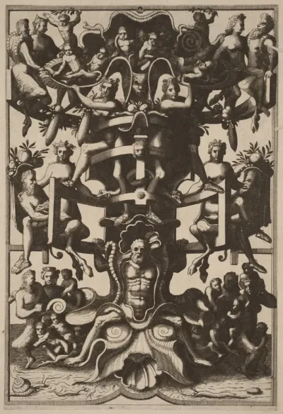 Man Sitting on an Auricular Mask, Supporting a Strapwork Frame on his Shoulders
