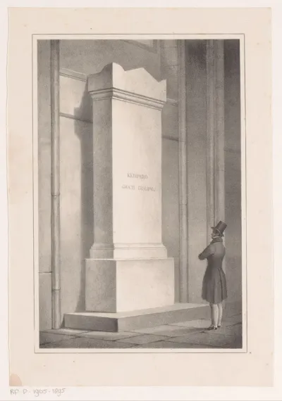 Man staat voor grafmonument van Joan Melchior Kemper