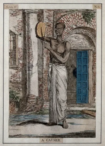 Man striking a causer, or gong, used at certain times by the servants of priests, Calcutta, West Bengal