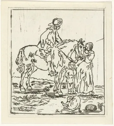 Man te paard bij vrouw en kind