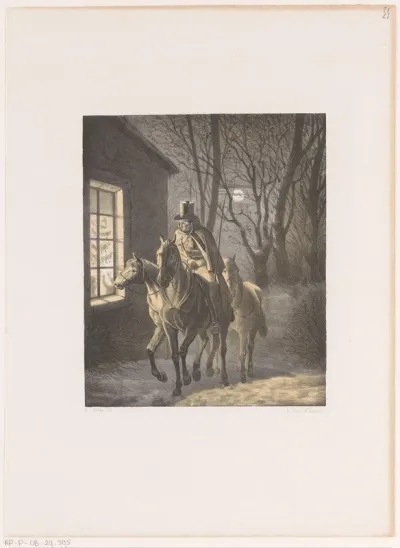 Man te paard rijdt langs huis