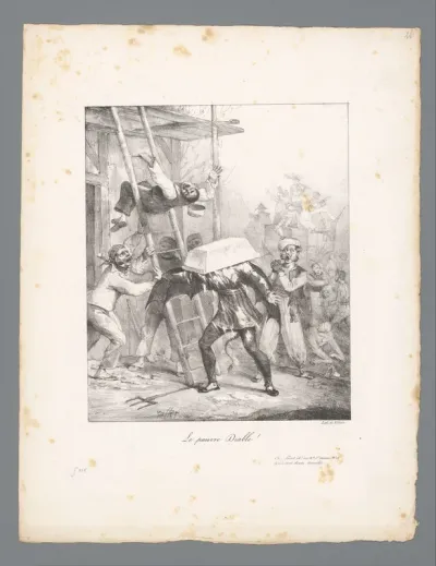 Man valt van een ladder en bak valt op het hoofd van iemand gekleed als duivel