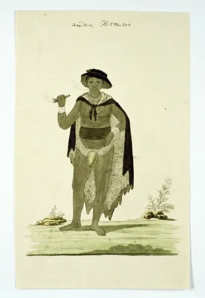 Man van de Khoekhoe met een pijp van ossenhoorn in zijn hand