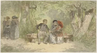Man, vrouw en kind op een bank in het park