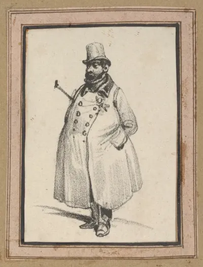 Man wearing a coat and a hat with a cane under his arm