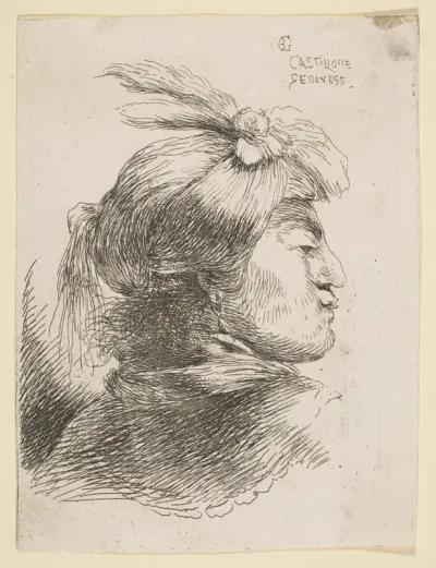 Man wearing a small turban, facing right, from "Small Heads in Oriental Headdress"