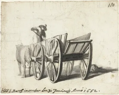 Man werkend op een kar met paarden ervoor (mest scheppend?)
