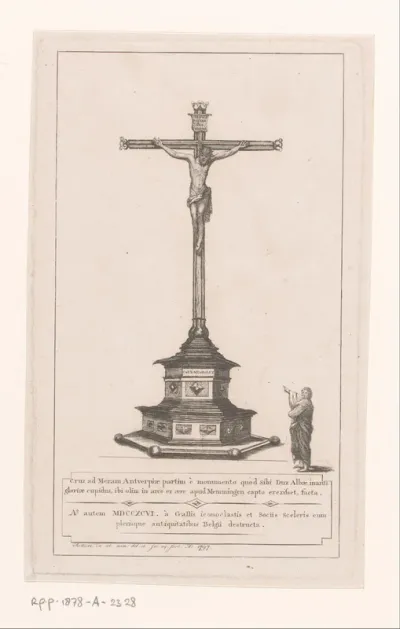 Man wijzend naar een groot crucifix beeld