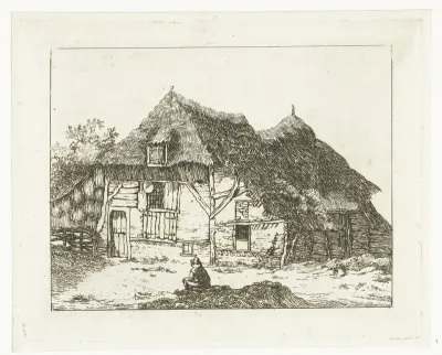 Man zittend op een heuveltje voor een huis te Staphorst