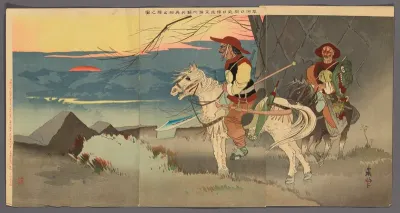 Manchurian Horsemen Scouting from a Distance the Japanese Camp Near Sauhoku (Sokako fukin Nichijin enbo Manshu kihei iso shutsujin no zu)
