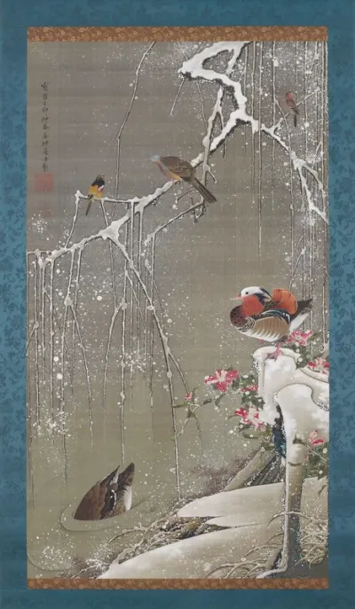 Mandarin ducks in the snow
