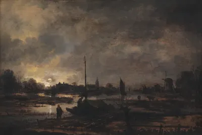 Månens opgang over en landsby