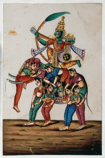 Manmatha (Kamadeva), Hindu god of love, shooting arrows with his bow while sitting on a elephant composed of women
