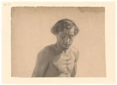 Mannelijk naakt, ten halven lijve, neerziend