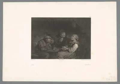 Mannen aan herbergtafel luisteren aandachtig naar vrouw