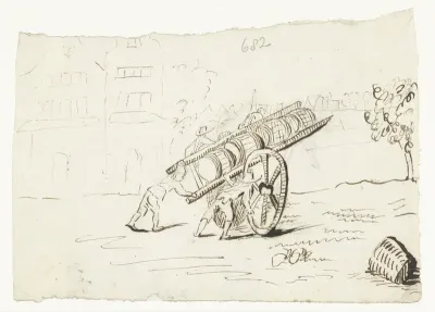 Mannen duwen en kar beladen met vaten