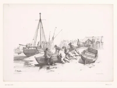 Mannen duwen roeiboot van land naar water