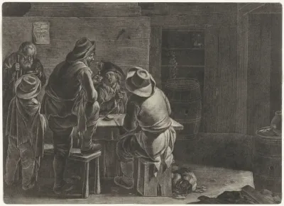 Mannen en een jongen aan een tafel