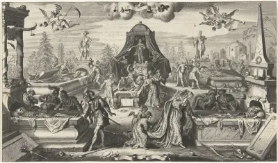 Mannen en vrouwen kijken in de geopende graftombes van historische personen