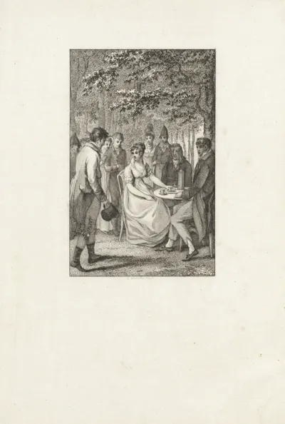 Mannen en vrouwen rond een tafel in een tuin