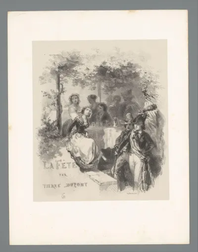 Mannen en vrouwen vermaken zich aan een tafel in een tuin