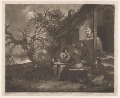 Mannen in gesprek bij een herberg