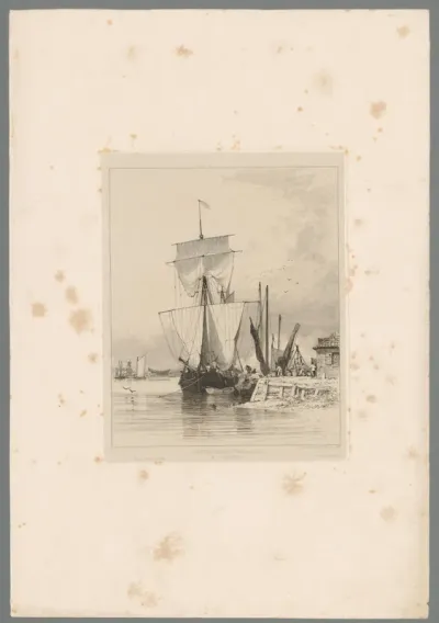 Mannen laden de vracht van een zeilschip in de haven van Great Yarmouth