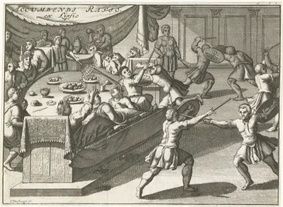 Mannen liggend aan eettafel kijken naar vechtende mannen