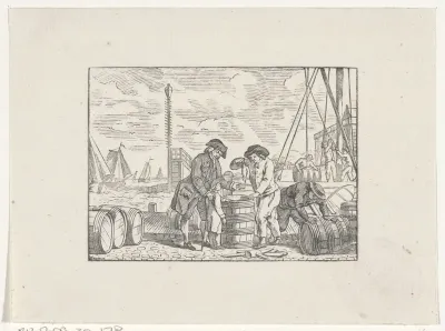 Mannen op een kade met tonnen vis aan het werk
