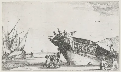 Mannen op kade bij achterkant van galeischip