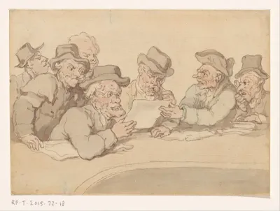 Mannen rond een tafel bekijken een prent of tekening