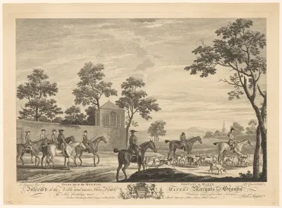 Mannen te paard met jachthonden
