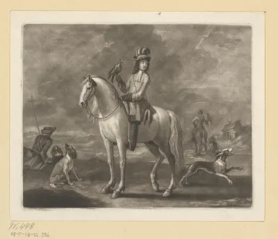 Mannen te paard op valkenjacht