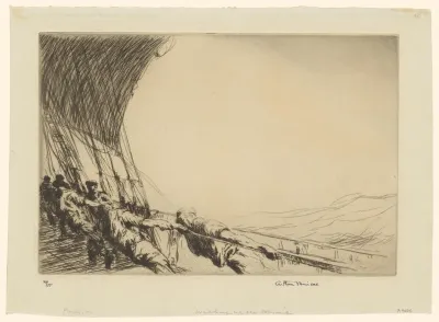 Mannen trekken aan een touw om het zeil te hijsen aan boord van een schip