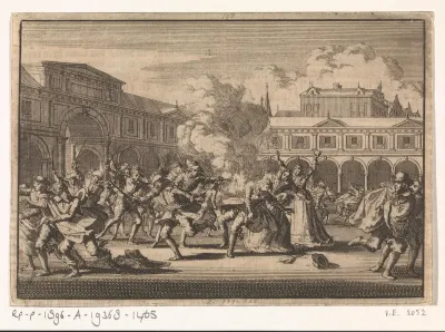 Mannen uit het gevolg van de Portugese gezant te Londen schieten op de beurs Harcourt Greenway overhoop, 1653
