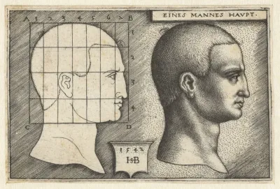 Mannenhoofd en tekening in schema volgens proportieleer