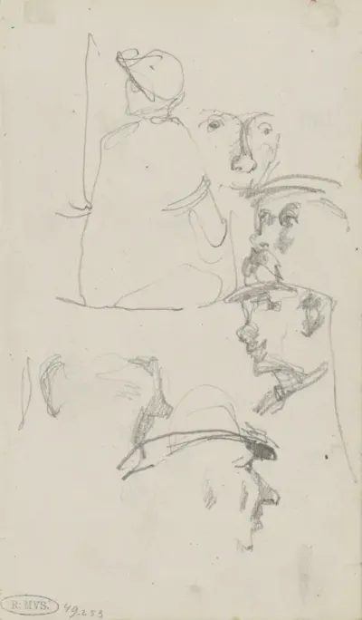 Mannenhoofden en een zittende vrouw