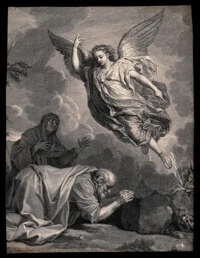 Manoah and his wife pray to an angel which emerges from the flame of their altar
