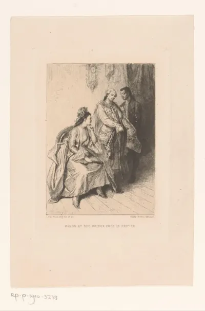 Manon Lescaut en Chevalier des Grieux bij de verkoper van tweedehands kleding