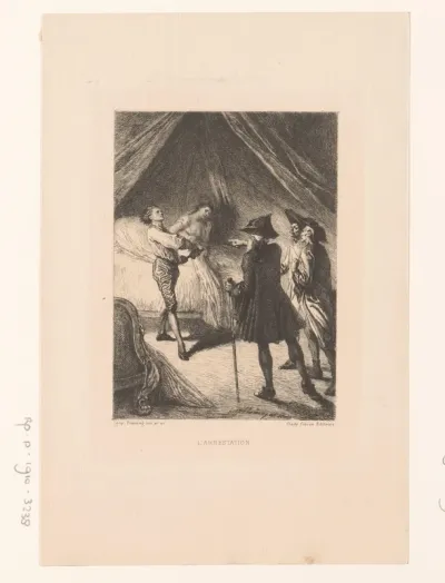 Manon Lescaut en Chevalier des Grieux gearresteerd in de slaapkamer