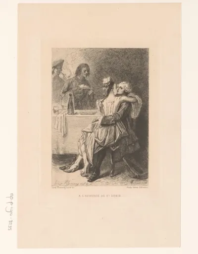 Manon Lescaut en Chevalier des Grieux zoenend in een herberg