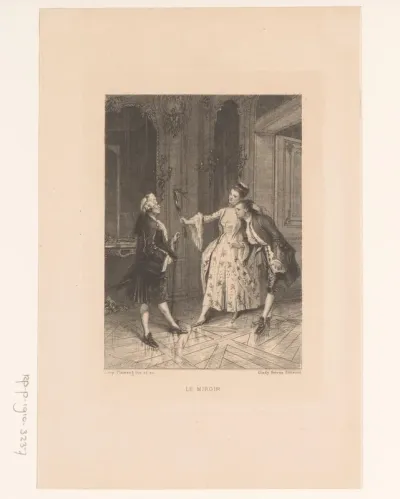 Manon Lescaut met een spiegel in de hand en twee mannen